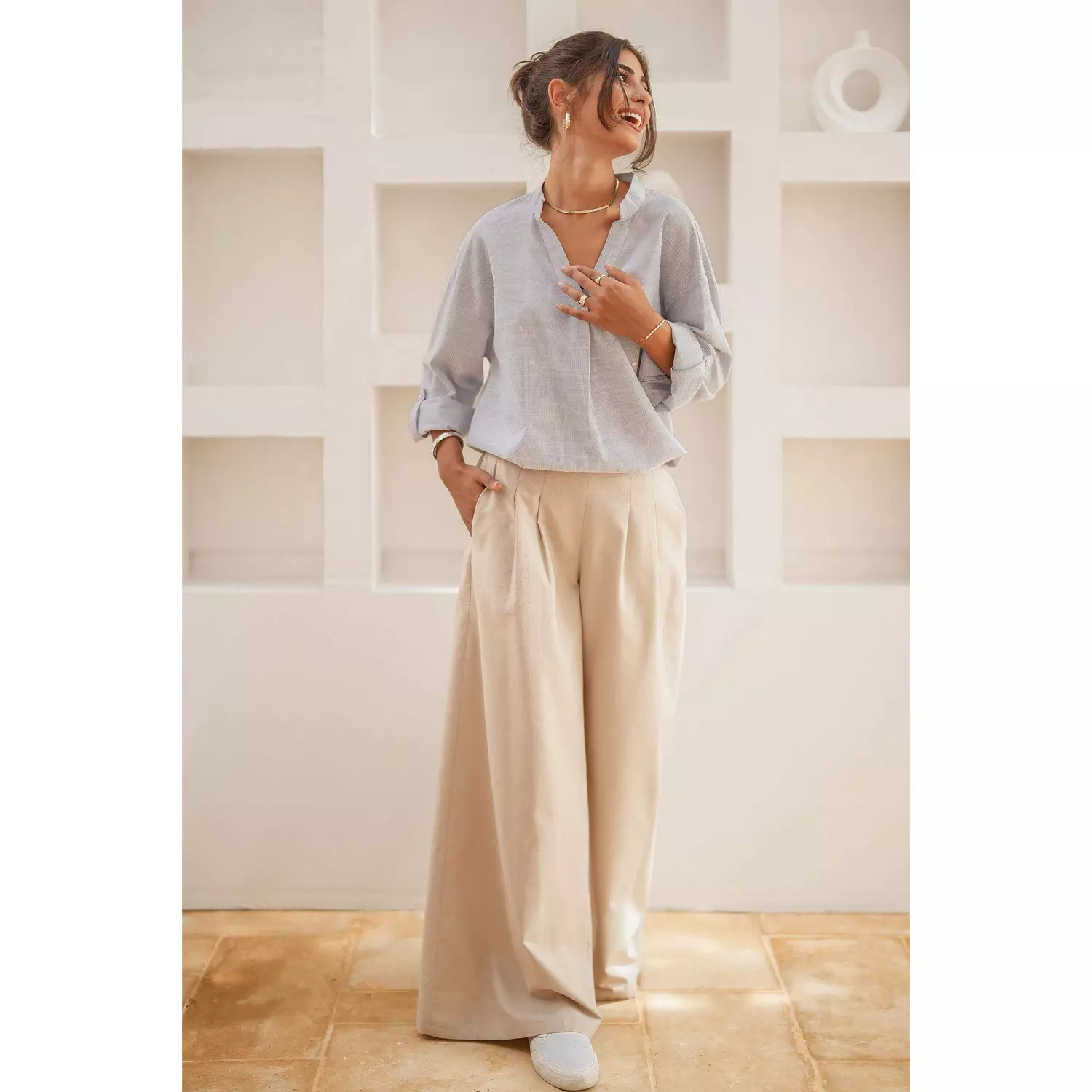 City Flow Wide Leg Pants Beige-2nd-img