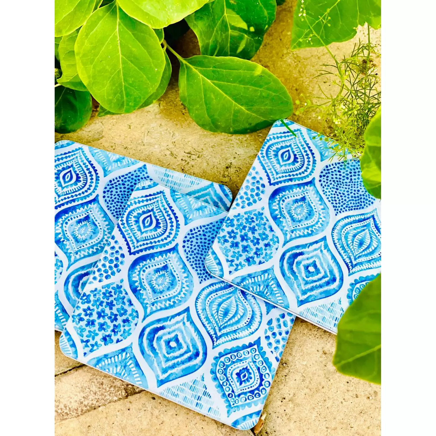 Blue Damask Pattern Coaster Set 2