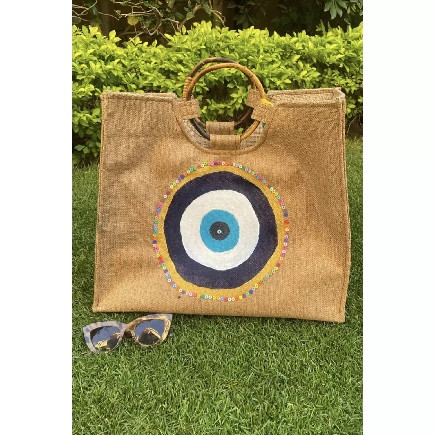 Turkish Eye Hand-Painted Burlap Tote by order 4