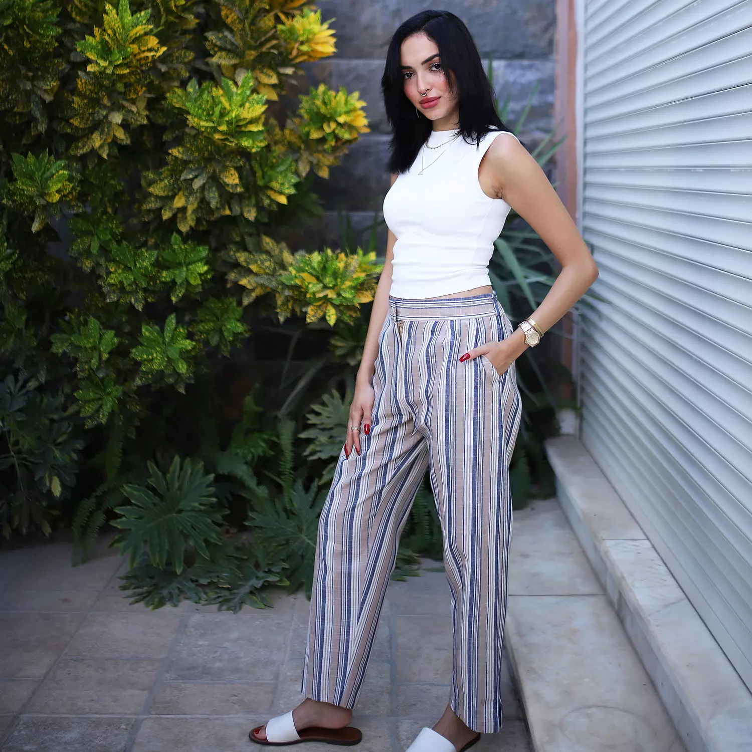 Stripped Linen Pants- Nude Blue hover image