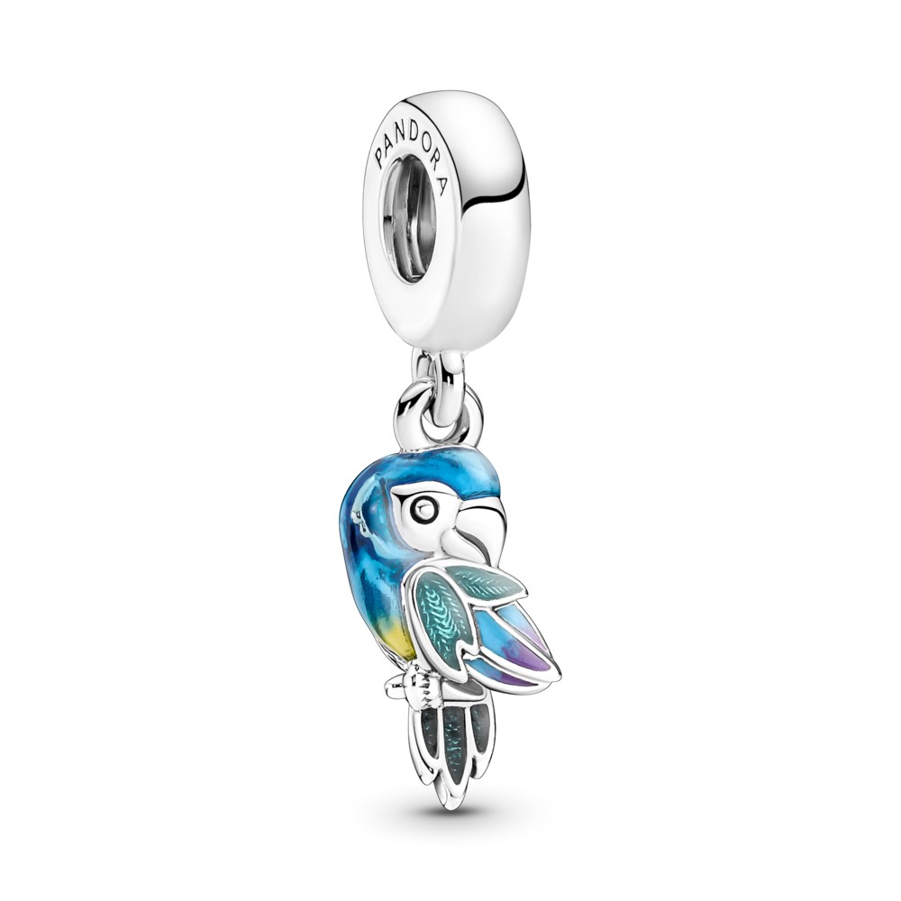 Parrot sterling silver dangle with transparent blue, turquoise, yellow and purple enamel hover image