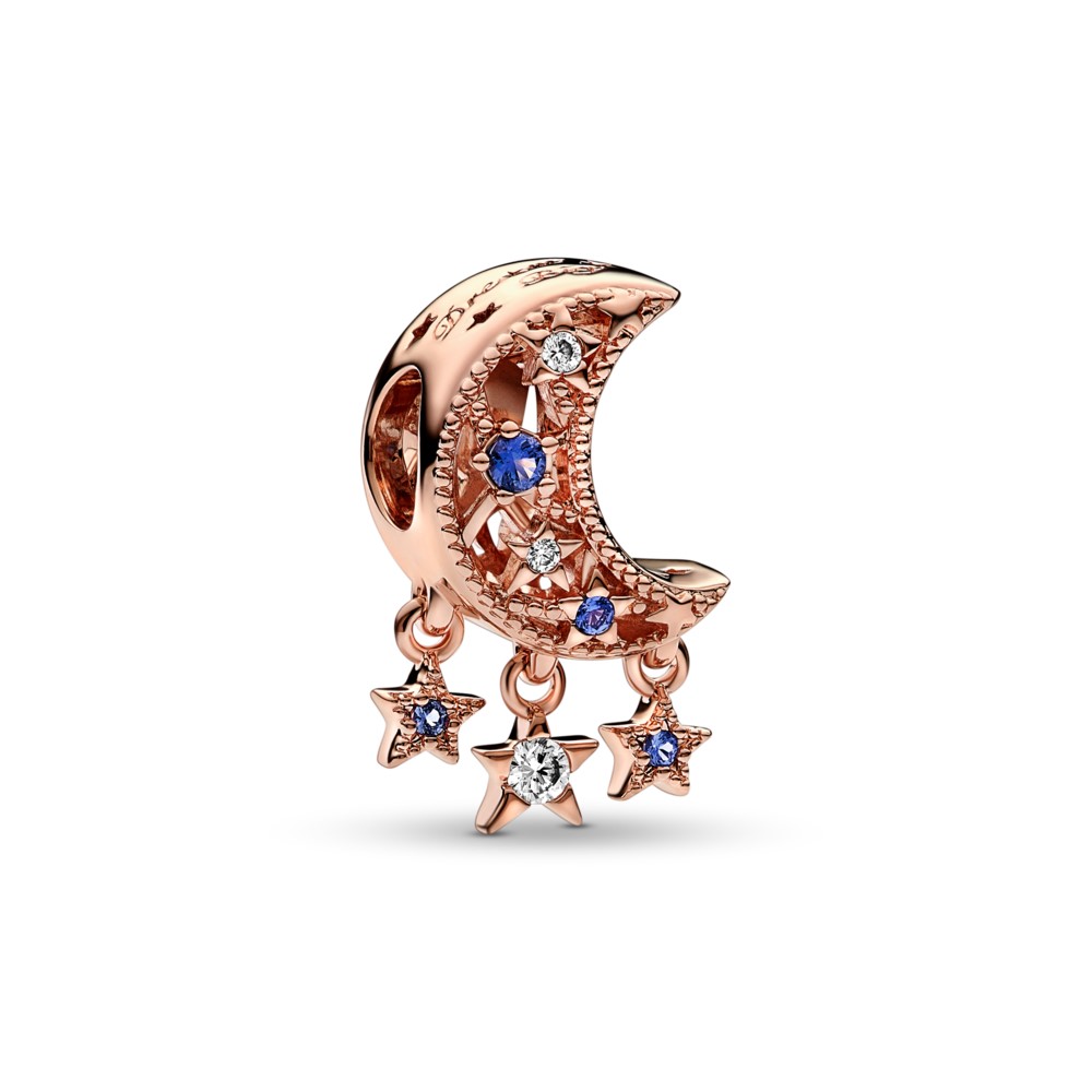 Moon 14k rose gold-plated charm with stellar blue crystal and clear cubic zirconia
