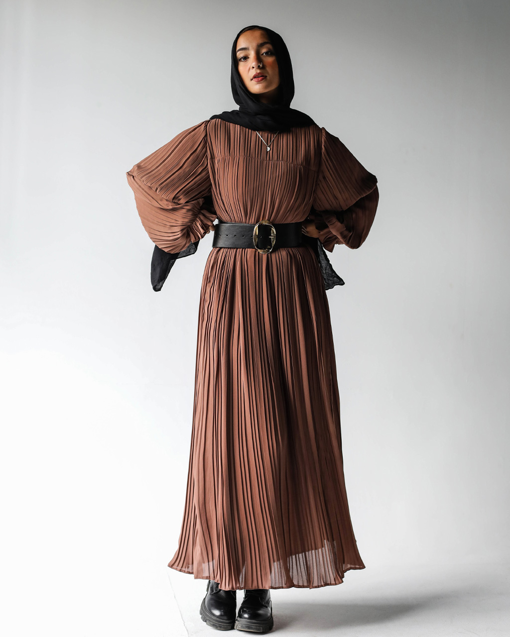 Brown Pleated Dress  4