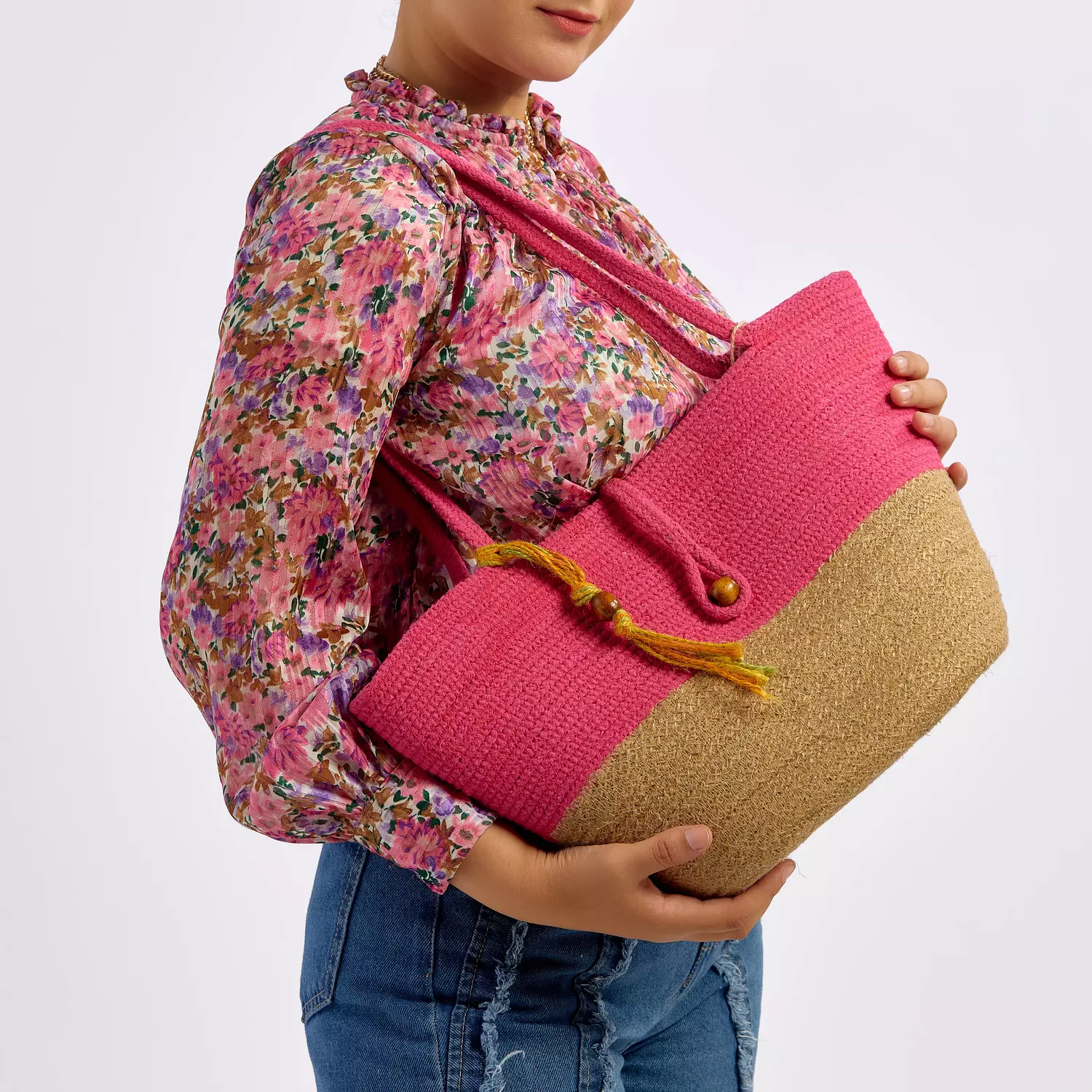 Shoulder Bag - Pink & Jute-2nd-img