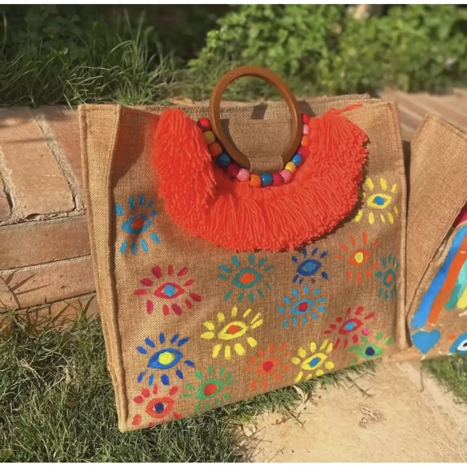 Orange Tassels Greek Eyes Painted Buralp Tote by order 1