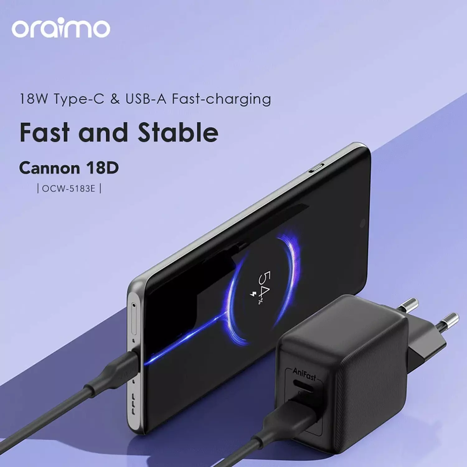 Oraimo Cannon Wall Charger PD 18W Fast Charging OCW-5183E+C53 - Black 2