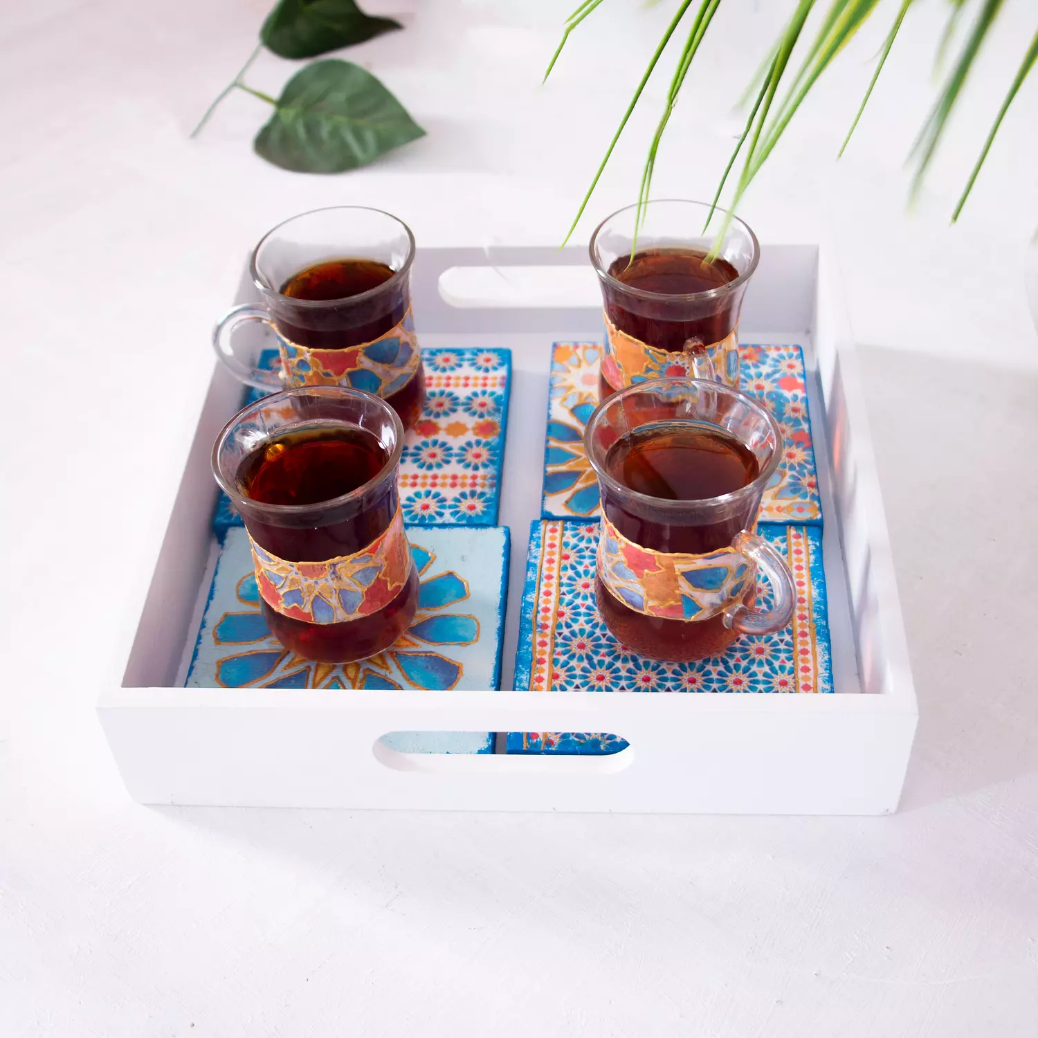 Blue Islamic stars coasters wooden tray  hover image