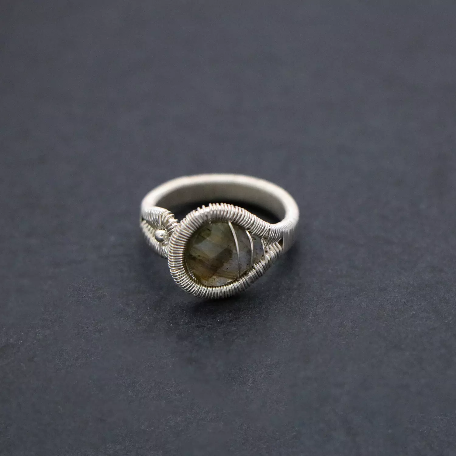 Wire wrapped ring with labradorite gemstone. hover image