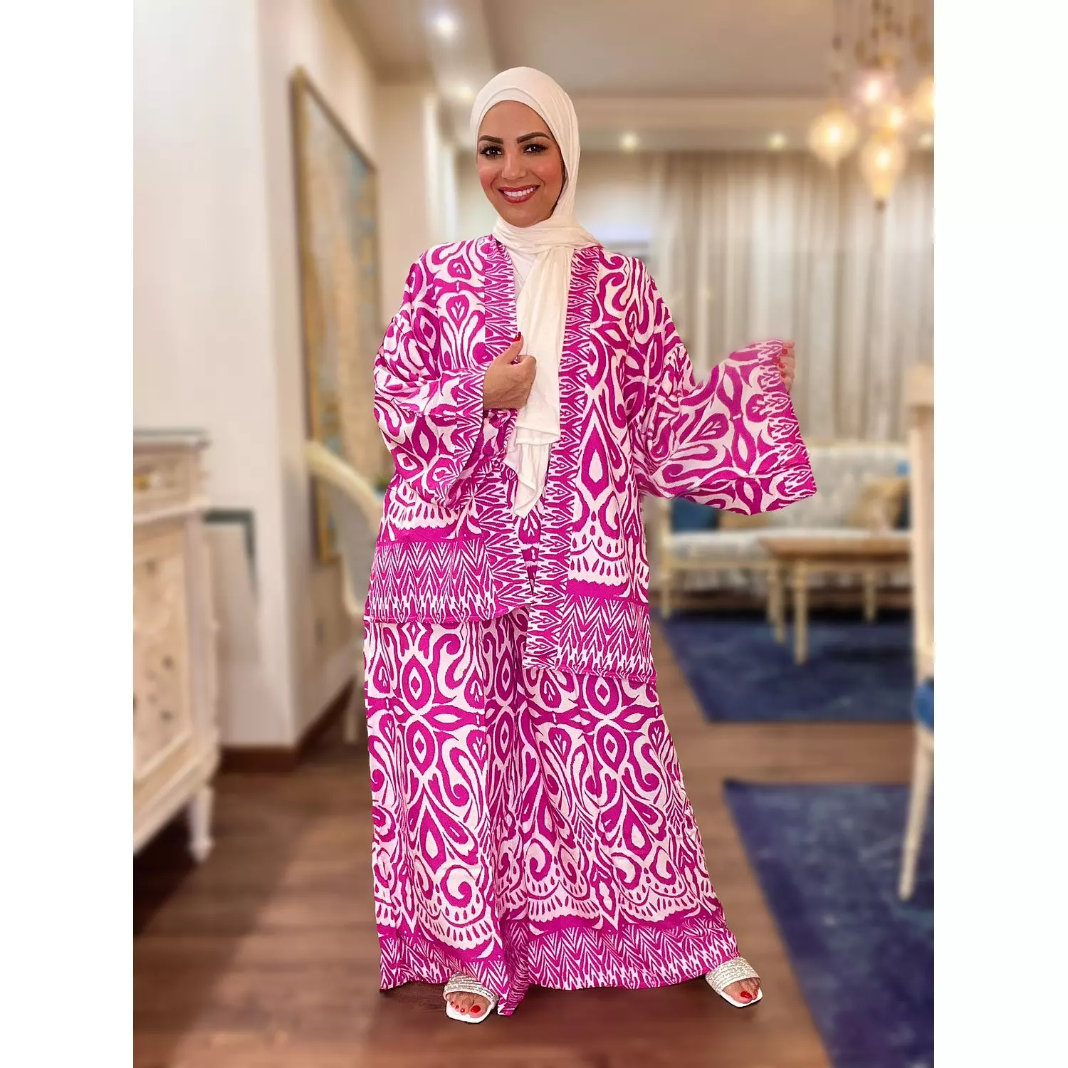 Printed Summer Suit (Kimono + Wide-leg Pants)- Fuchsia  hover image