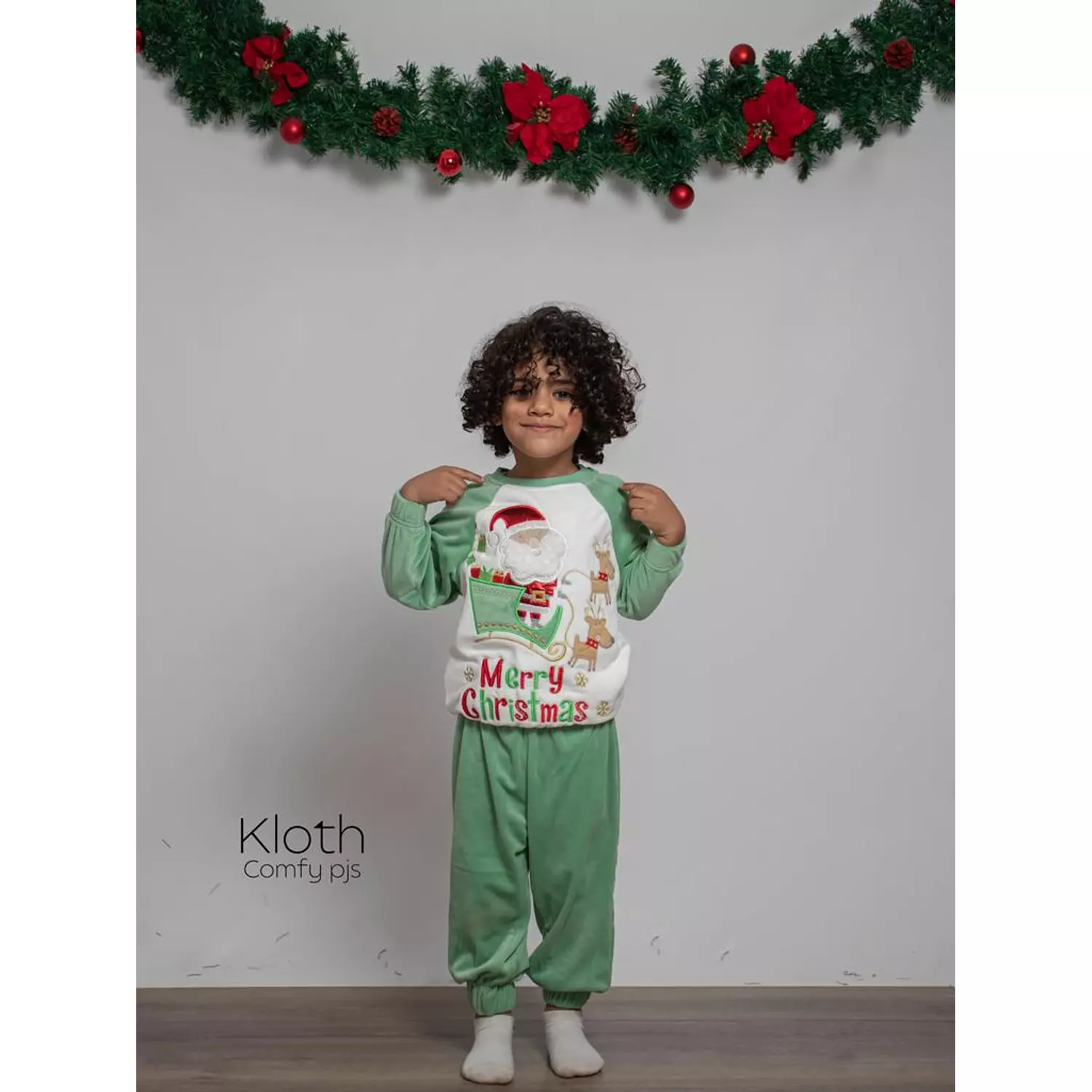 green sleeves  santa christmas pajamas for kids   hover image