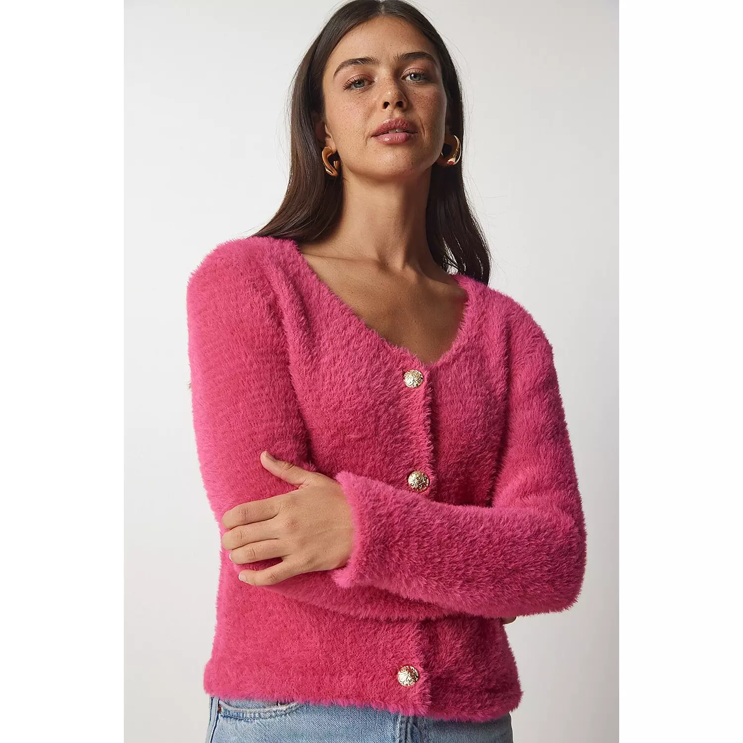 Women's Pink Soft Bearded Knitwear Cardigan hover image