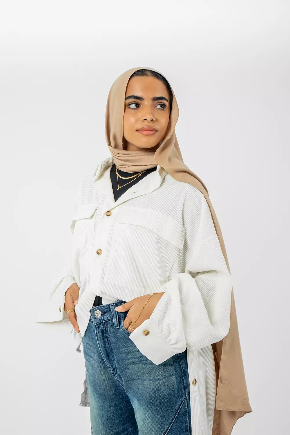 Oversized Striped Velvet Shirt in Off-White hover image