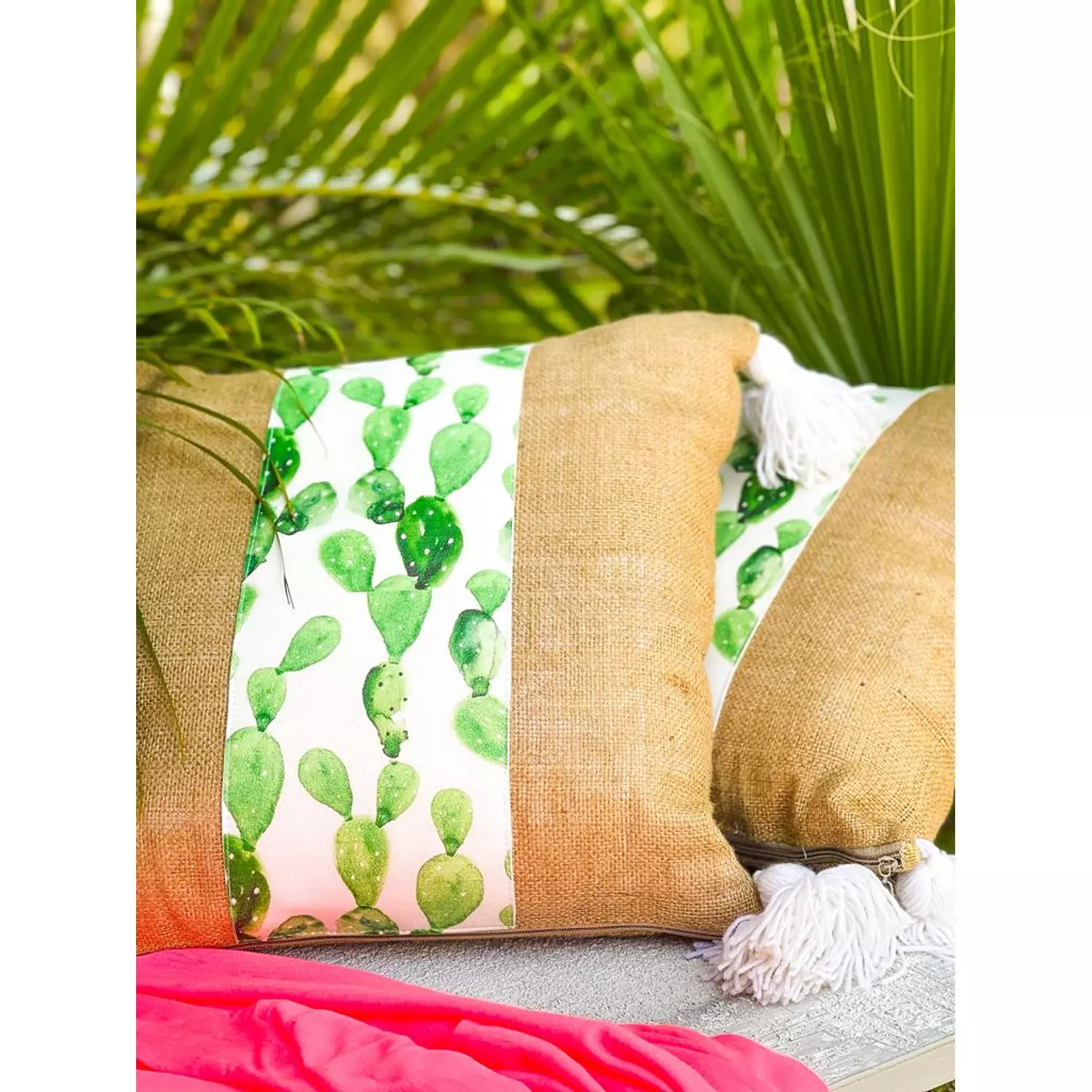 Burlap Cactus Cushion White Tassel hover image