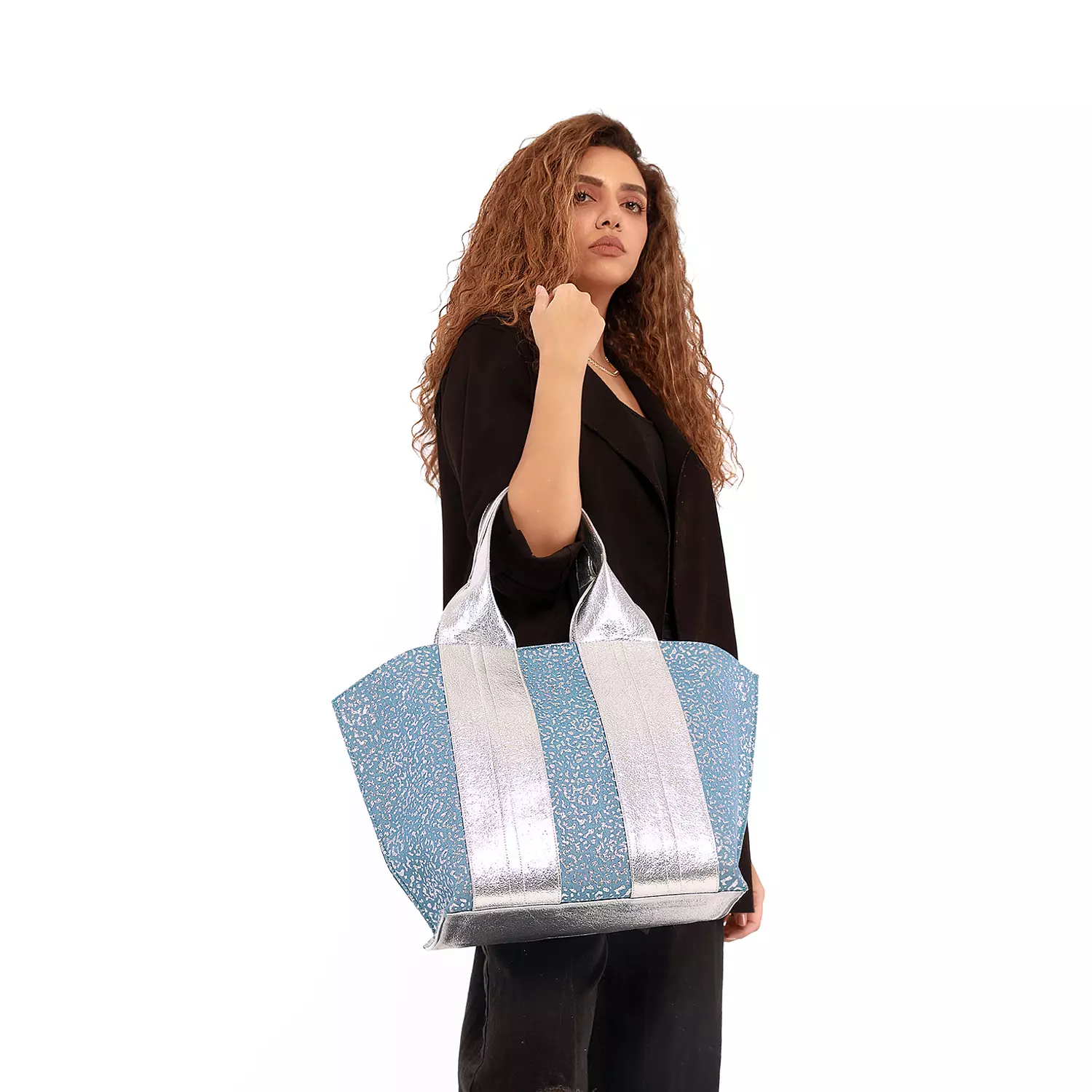  BLINGY Tote bag - Blue glittery jeans & Silver  hover image