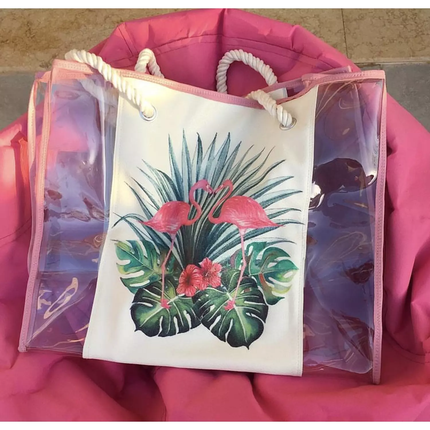 Flamingo Plastic Beach Bag Pink Border (by order) hover image