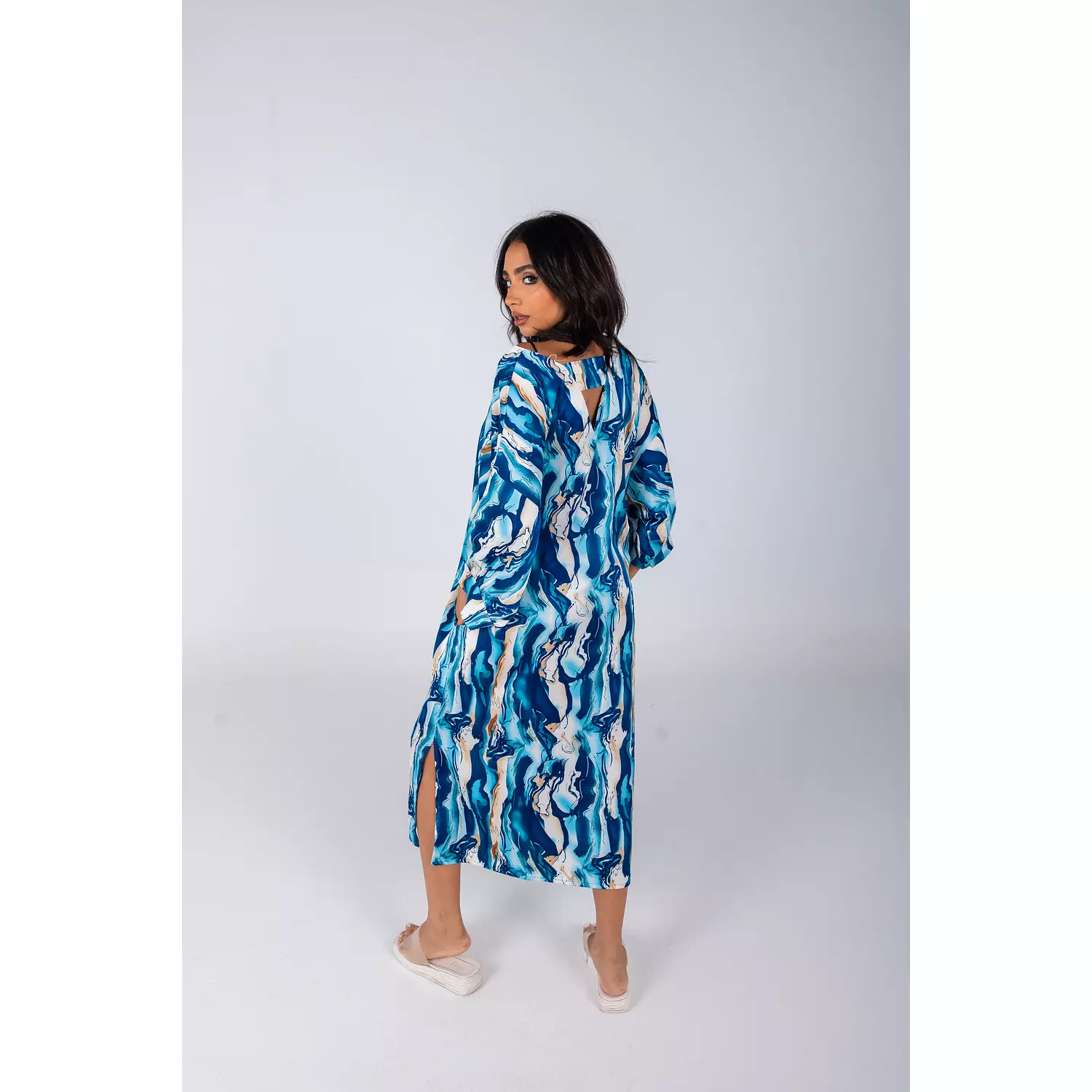 Blue Printed Satin Summer Dress  1