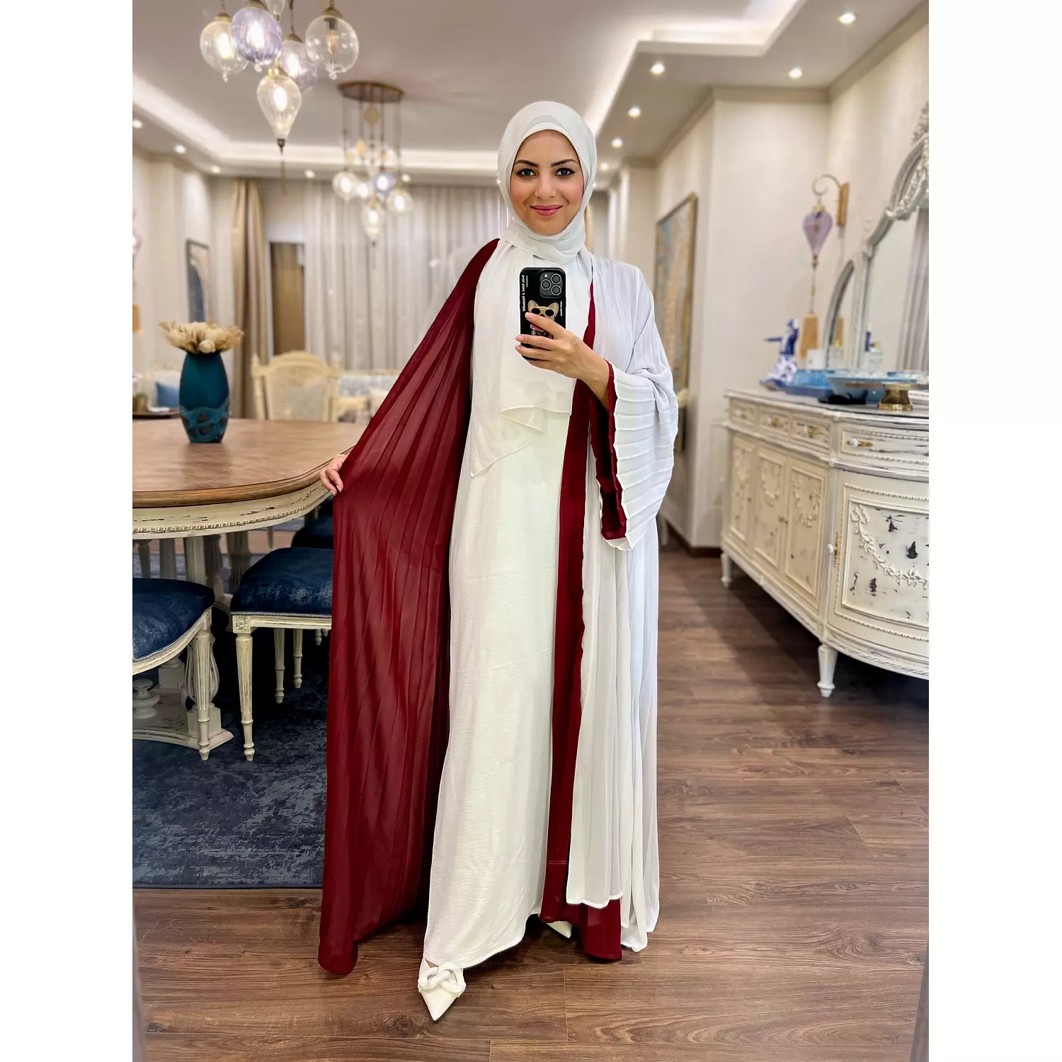 Double-faced Pleated Open Abaya- Maroon & White 10