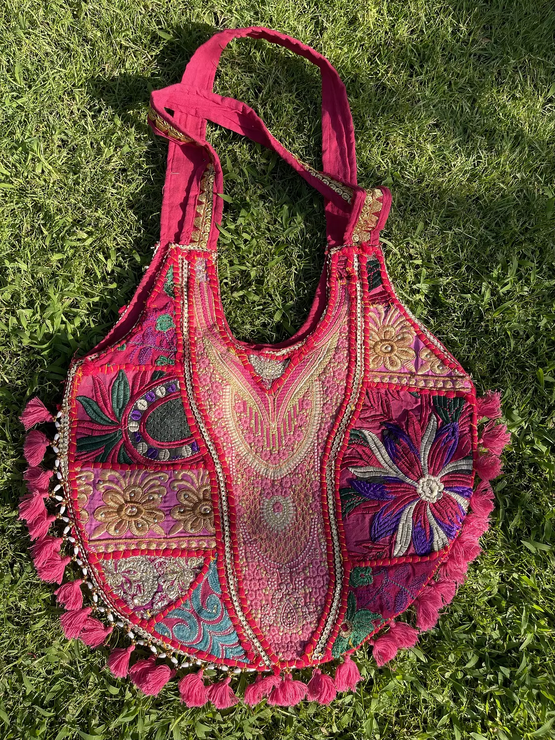 Circular indian boho bag - Fuschia/turquoise Double face -2nd-img