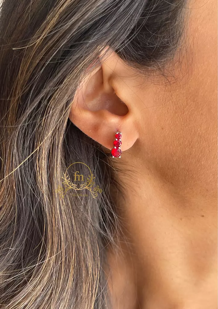 Three red stones silver earrings