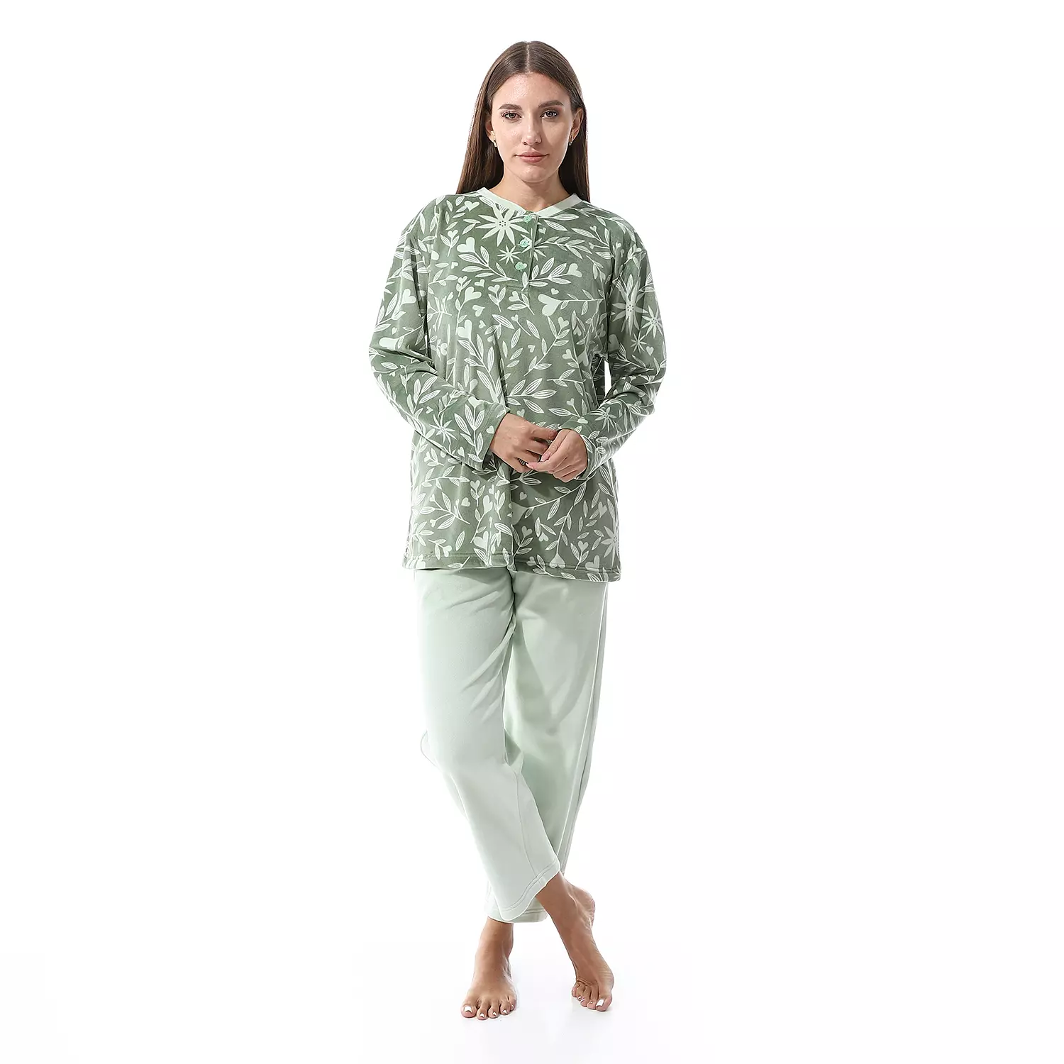 Shorto Women Leaves 2 Button  Fleece PJ - Green - 2657  hover image