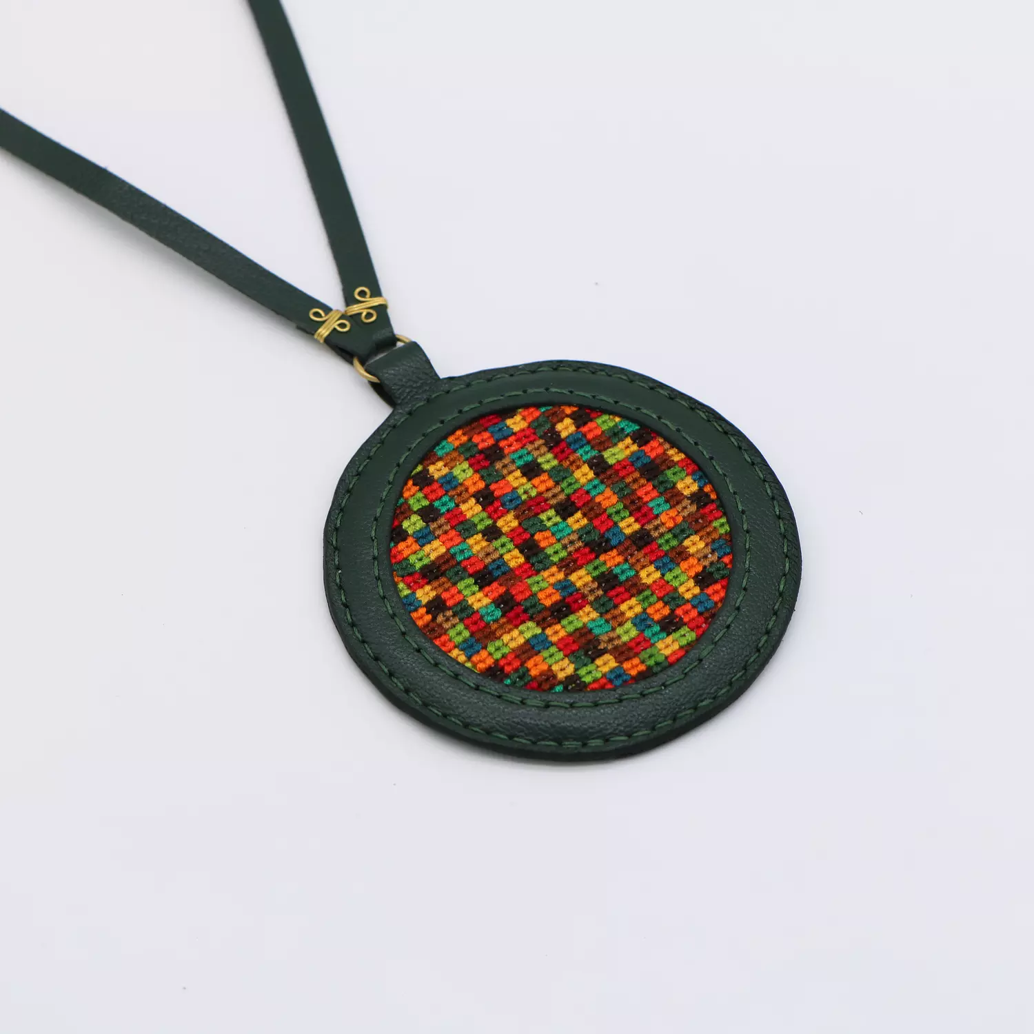Genuine leather necklace with colorful Cross-stitching. hover image
