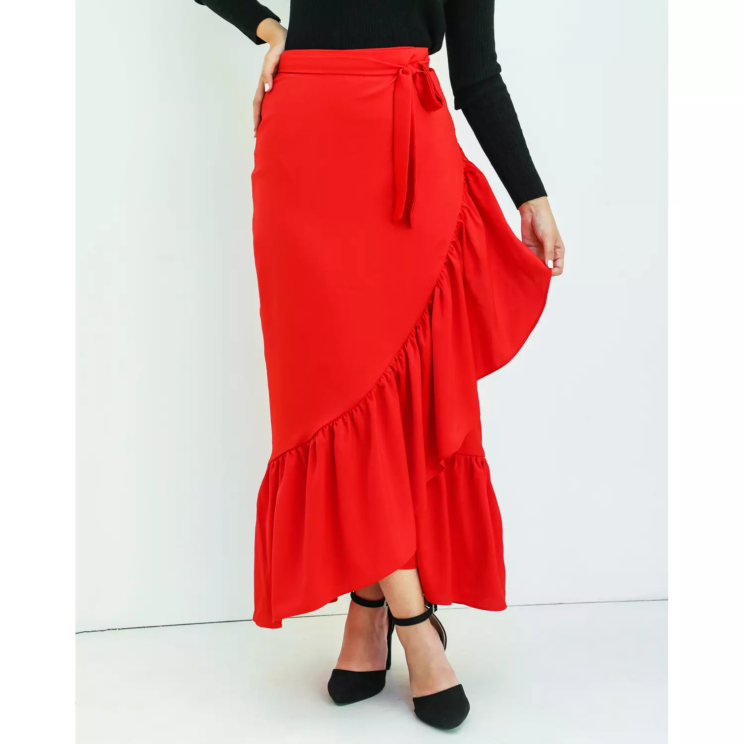 Silky wrap skirt in scarlet red hover image