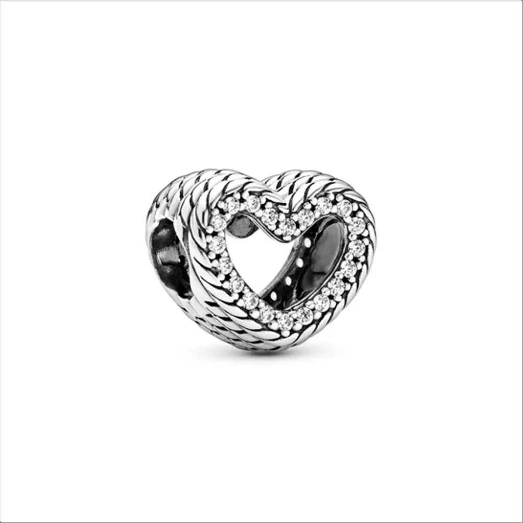 Snake chain pattern heart sterling silver charm with clear cubic zirconia