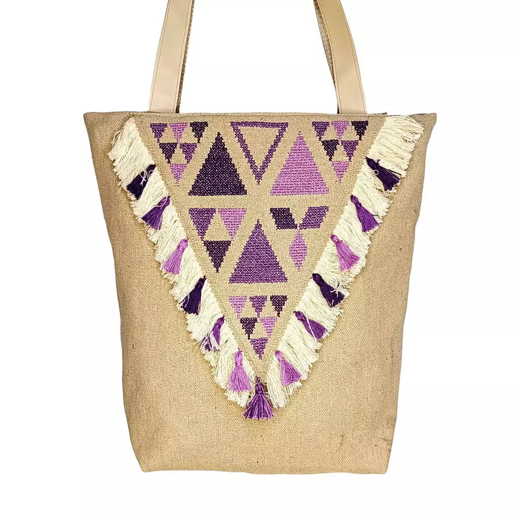 Sandy dekke and beige leather with embroidery cross-stitch triangles (A.20-17)