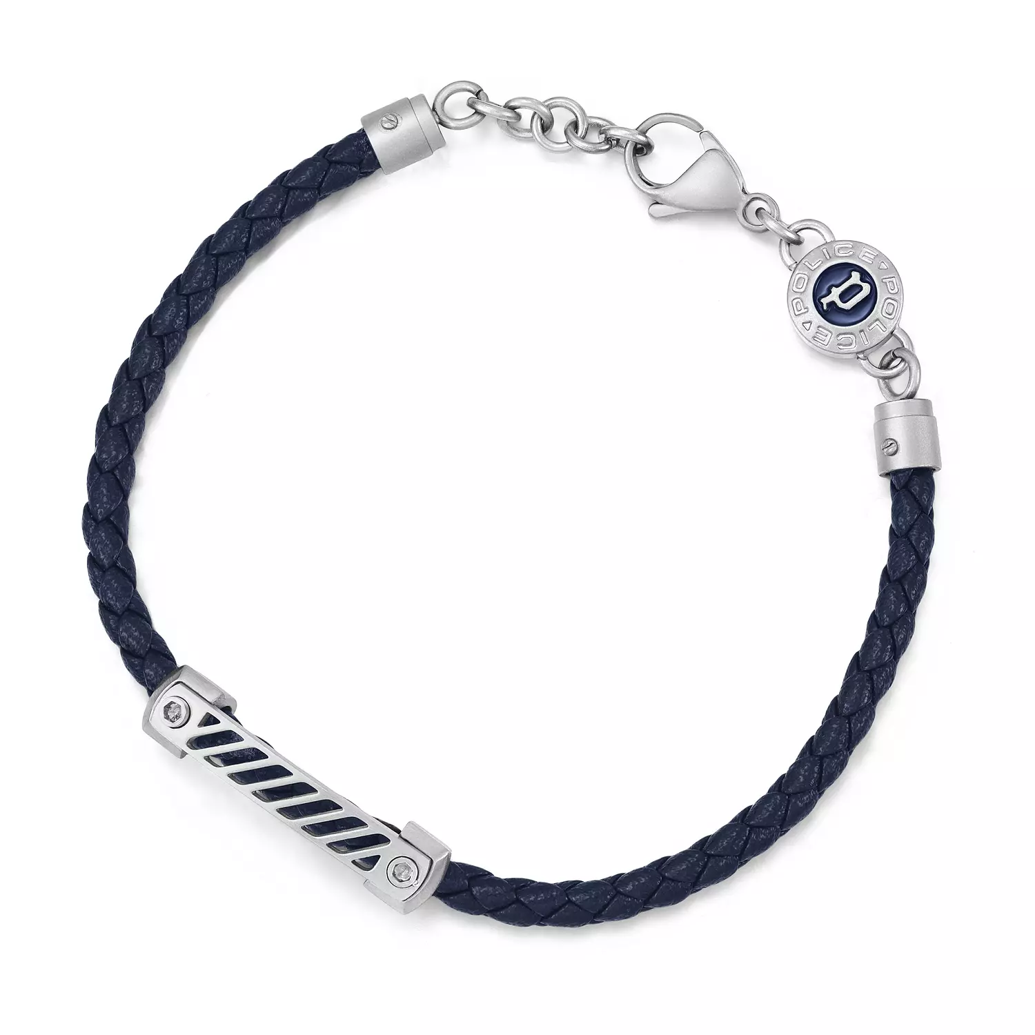 POLICE PLAQUETES SS W NAVY ENAMEL LEATHER GS BRACELET 0