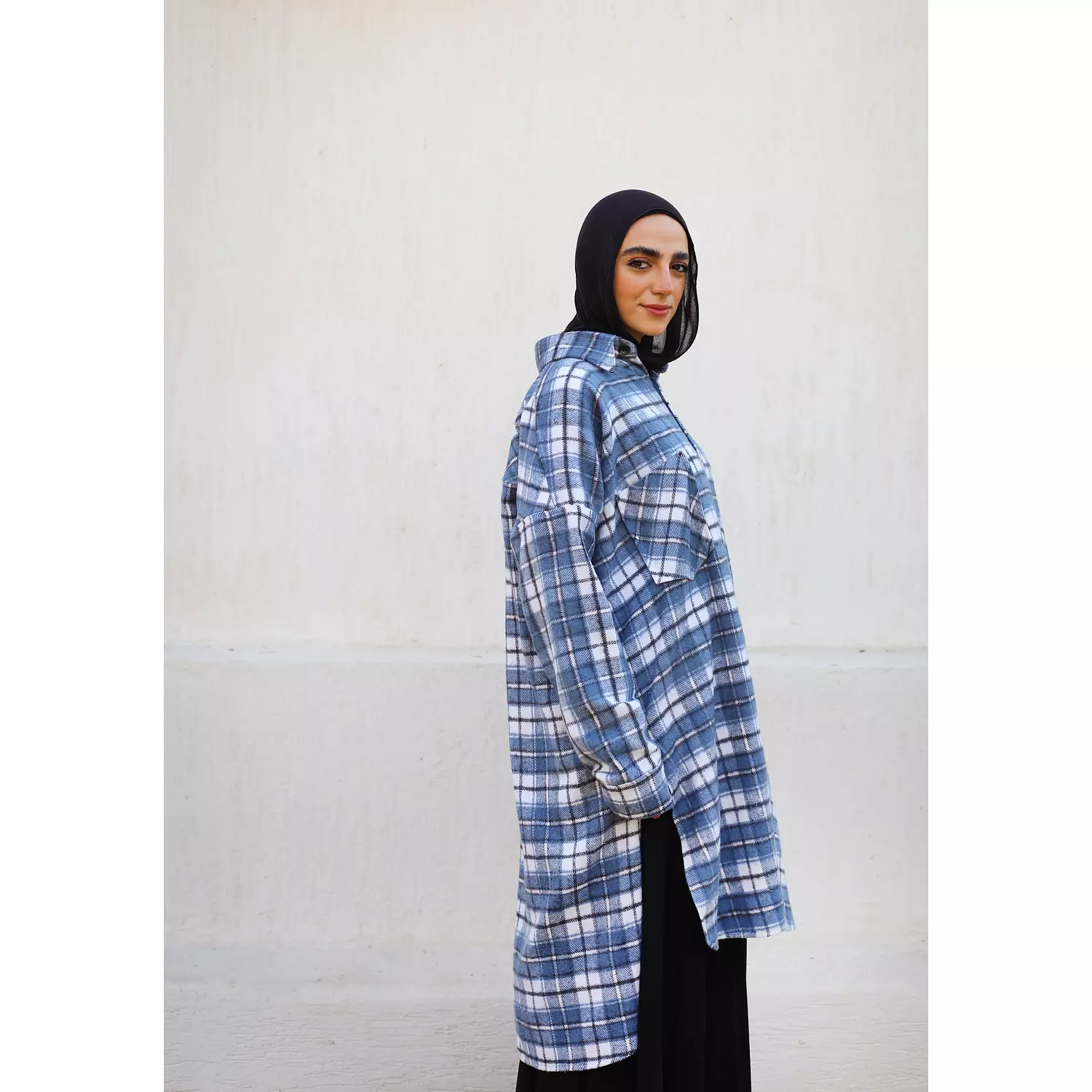 Blue and White Checkered Wool Long Shirt 2