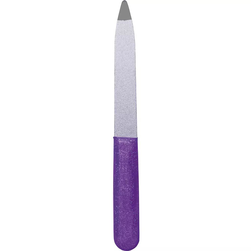 TITANIA NAIL FILE, STAINLESS STEEL, APPROX. 10 CM, WITH LILAC GLITTER HANDLE