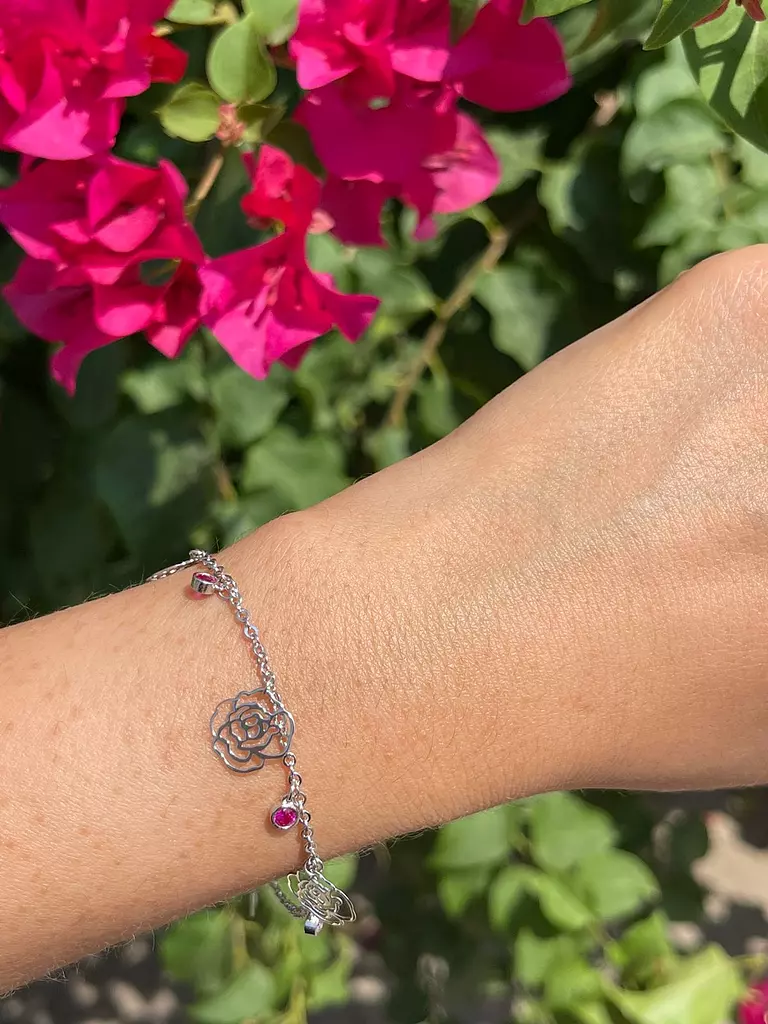 Flowers silver bracelet with pink stones