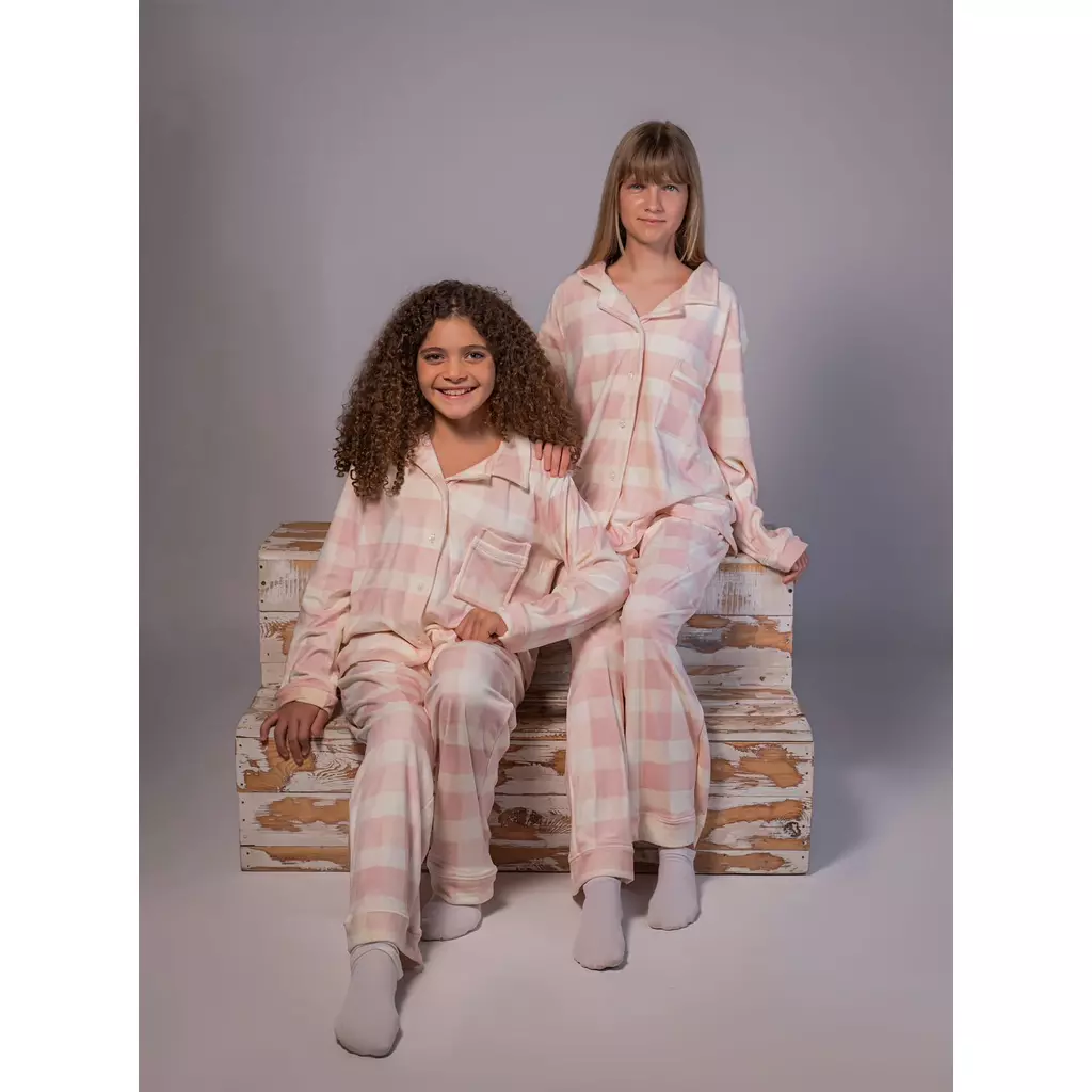 Beige & Pink Plaid Buttoned Pajamas 