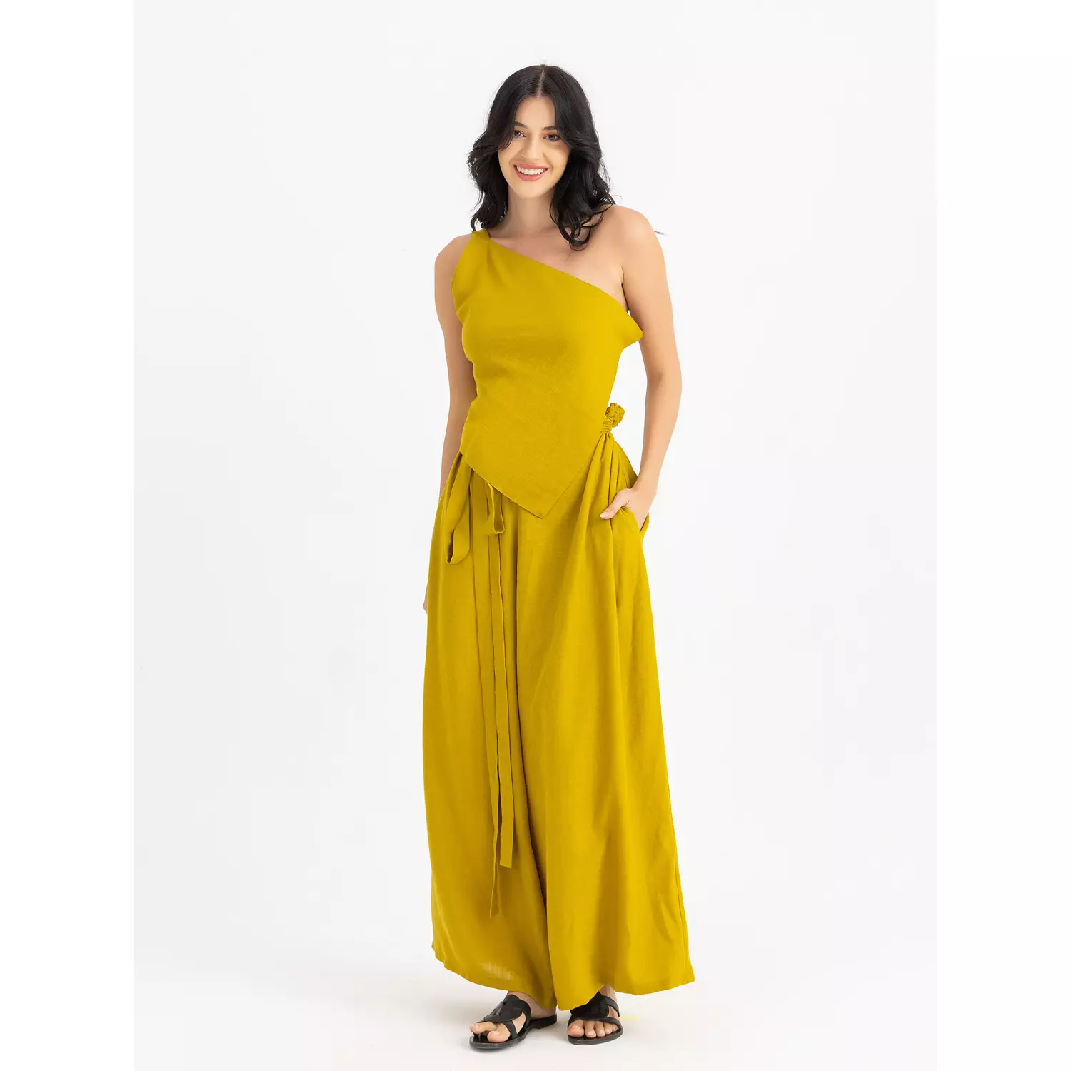 The SOKO linen backless one shoulder top hover image