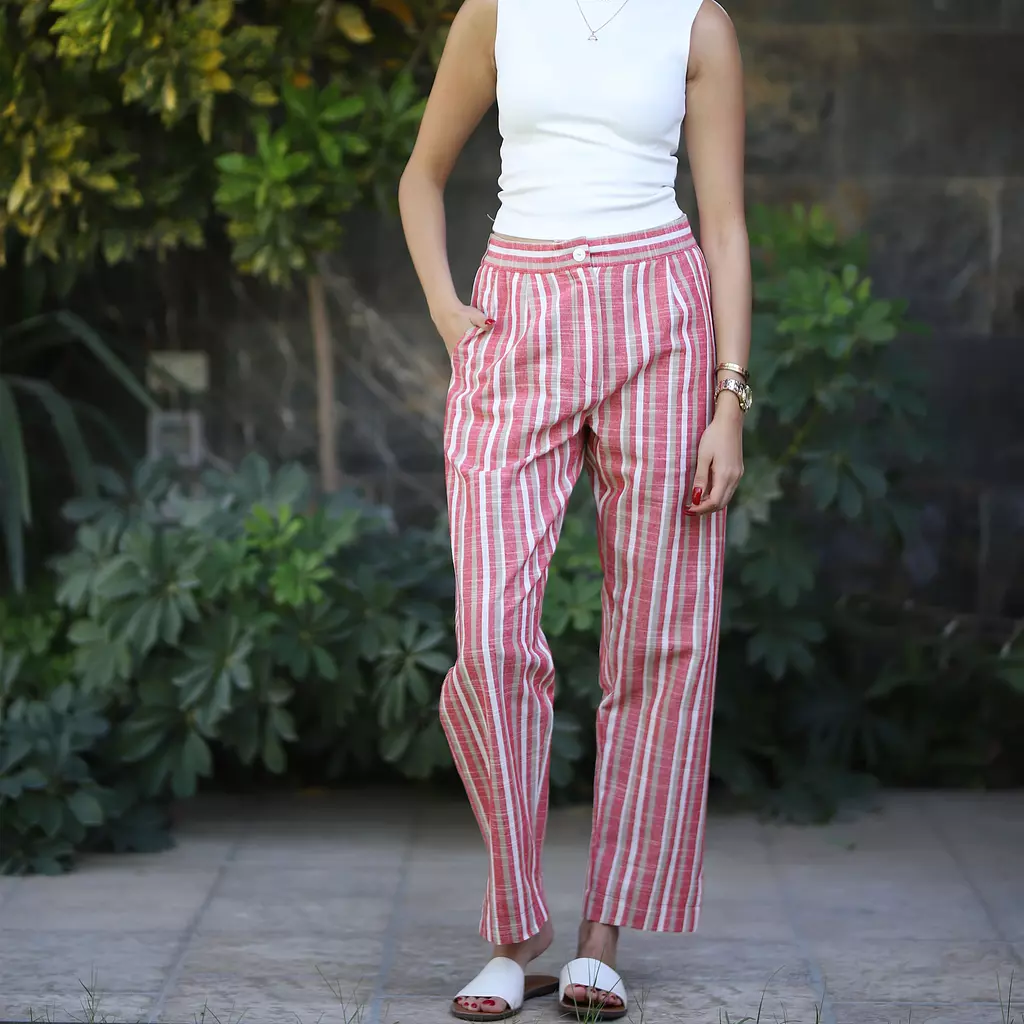 Stripped Linen Pants- Red Nude