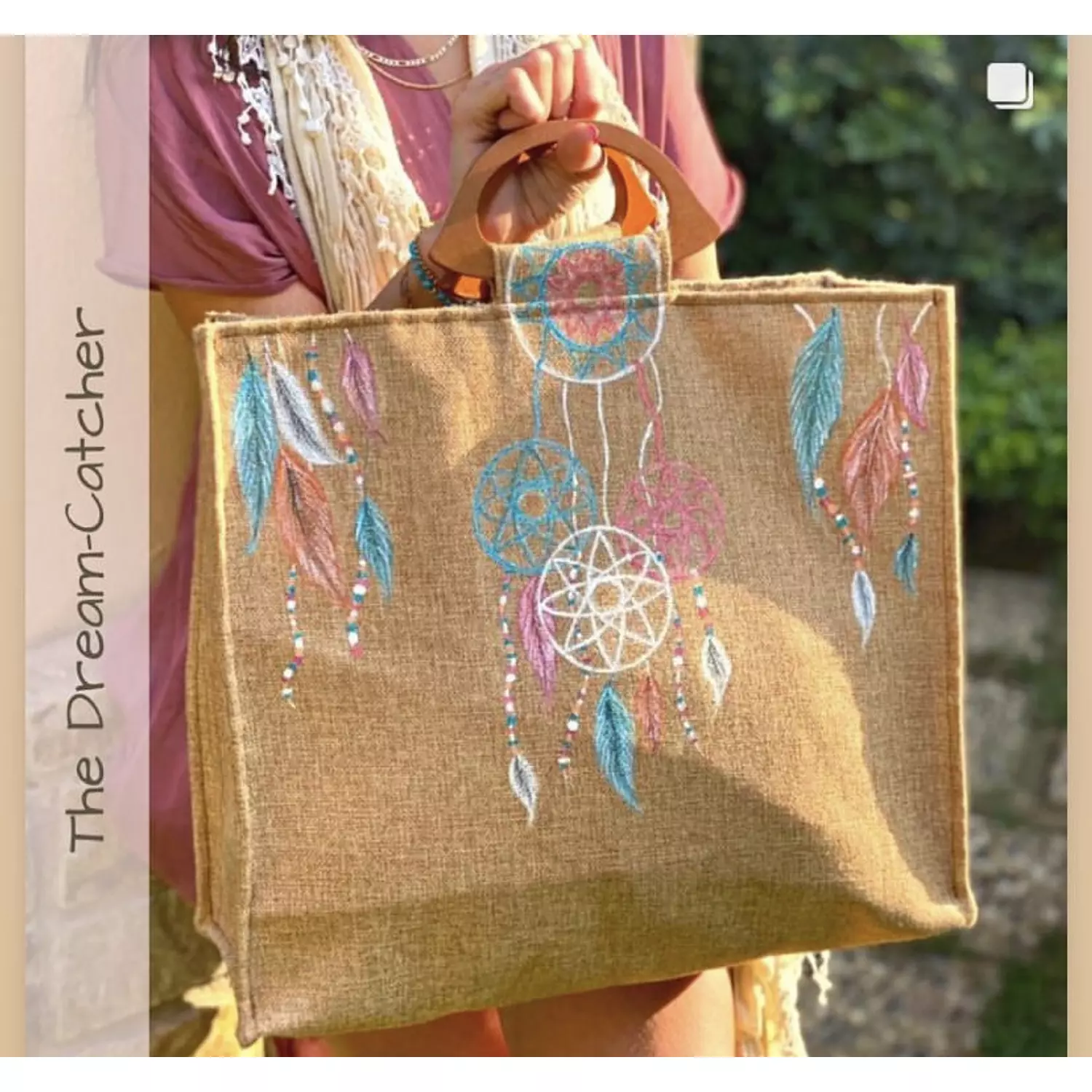 Dream-Catcher Hand-Painted Burlap Tote by Order 3