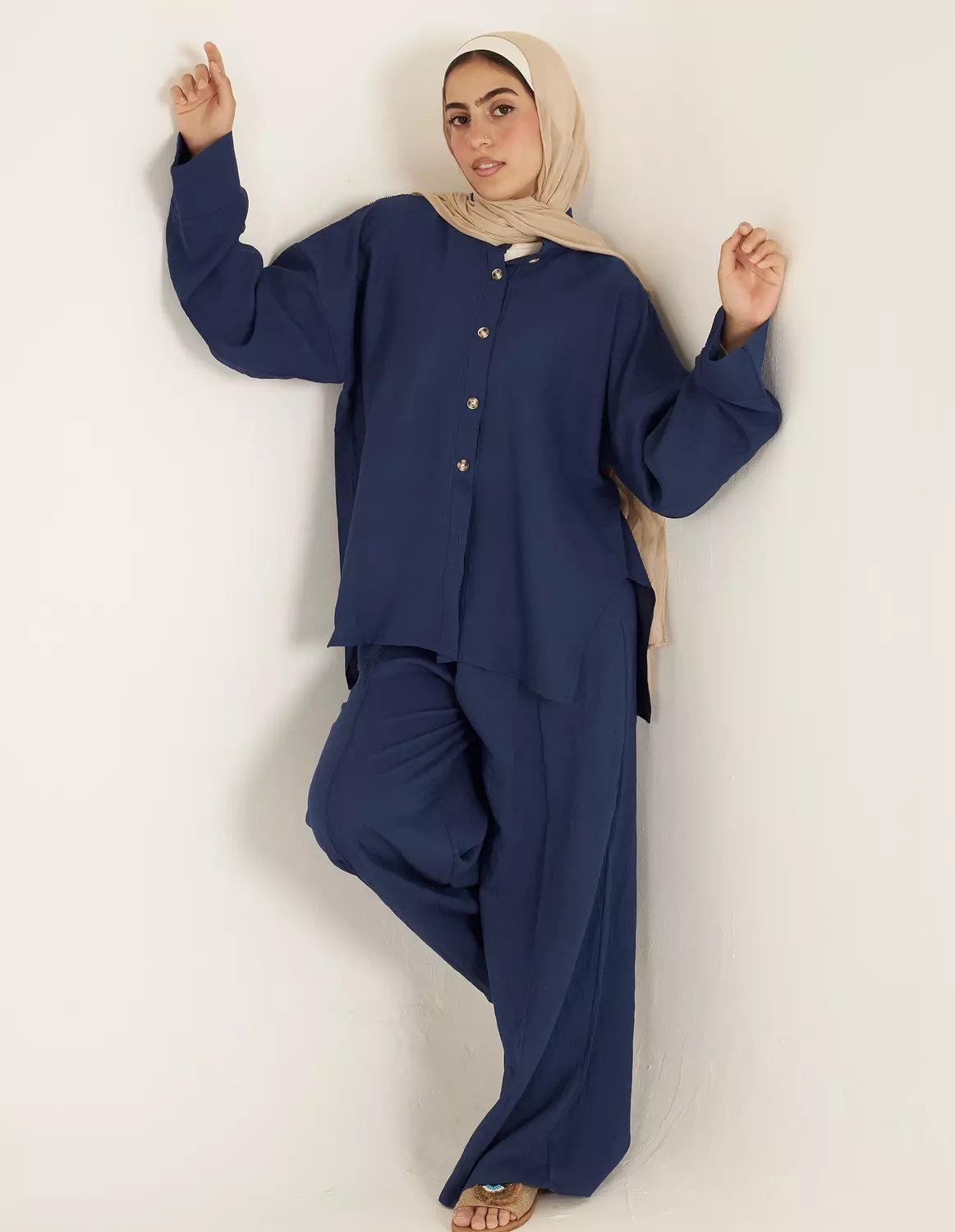 Navy Blue Buttoned Linen Full Set 0