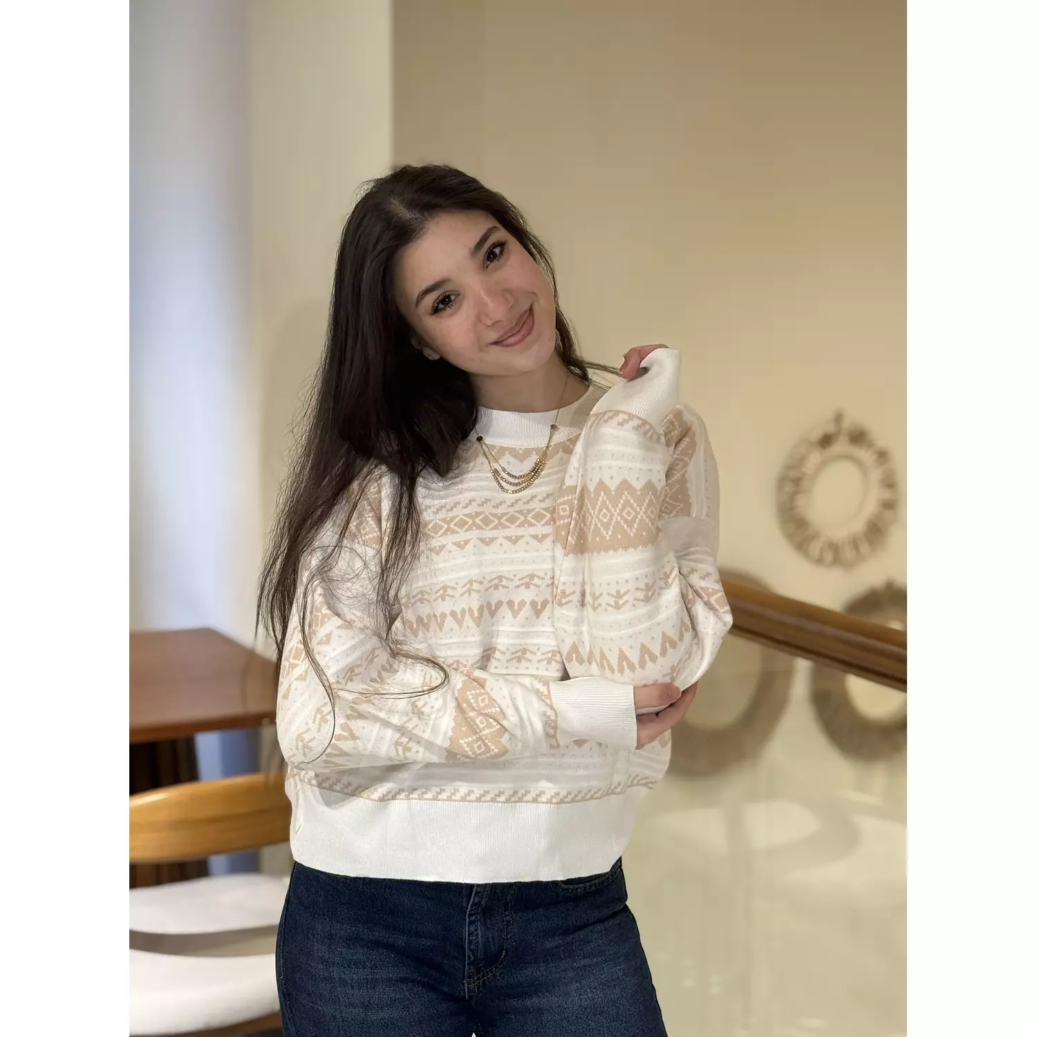 Beige Patterned Knit Sweater hover image