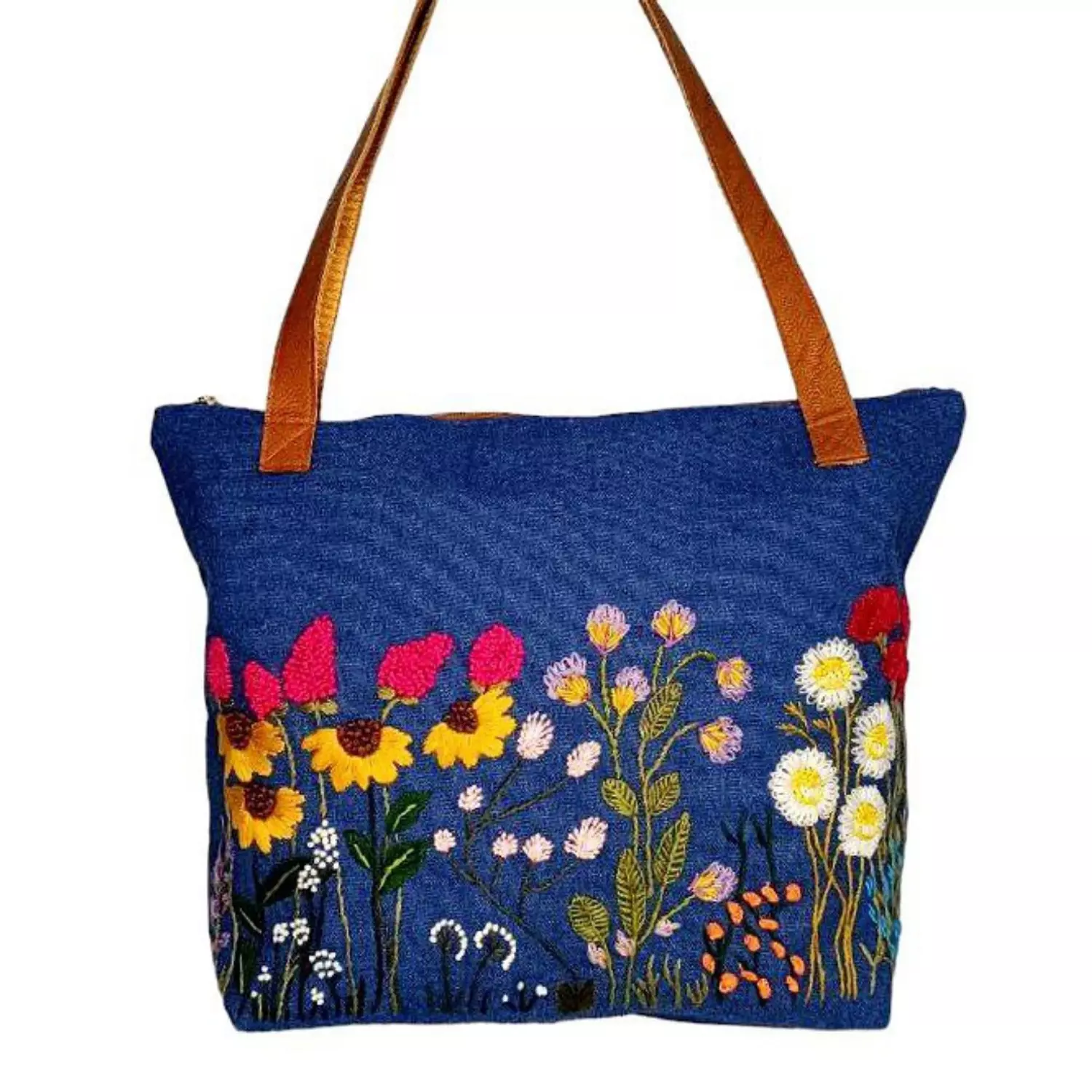 Cobalt blue denim and camel leather with embroidery flowers (A.13-15) 3