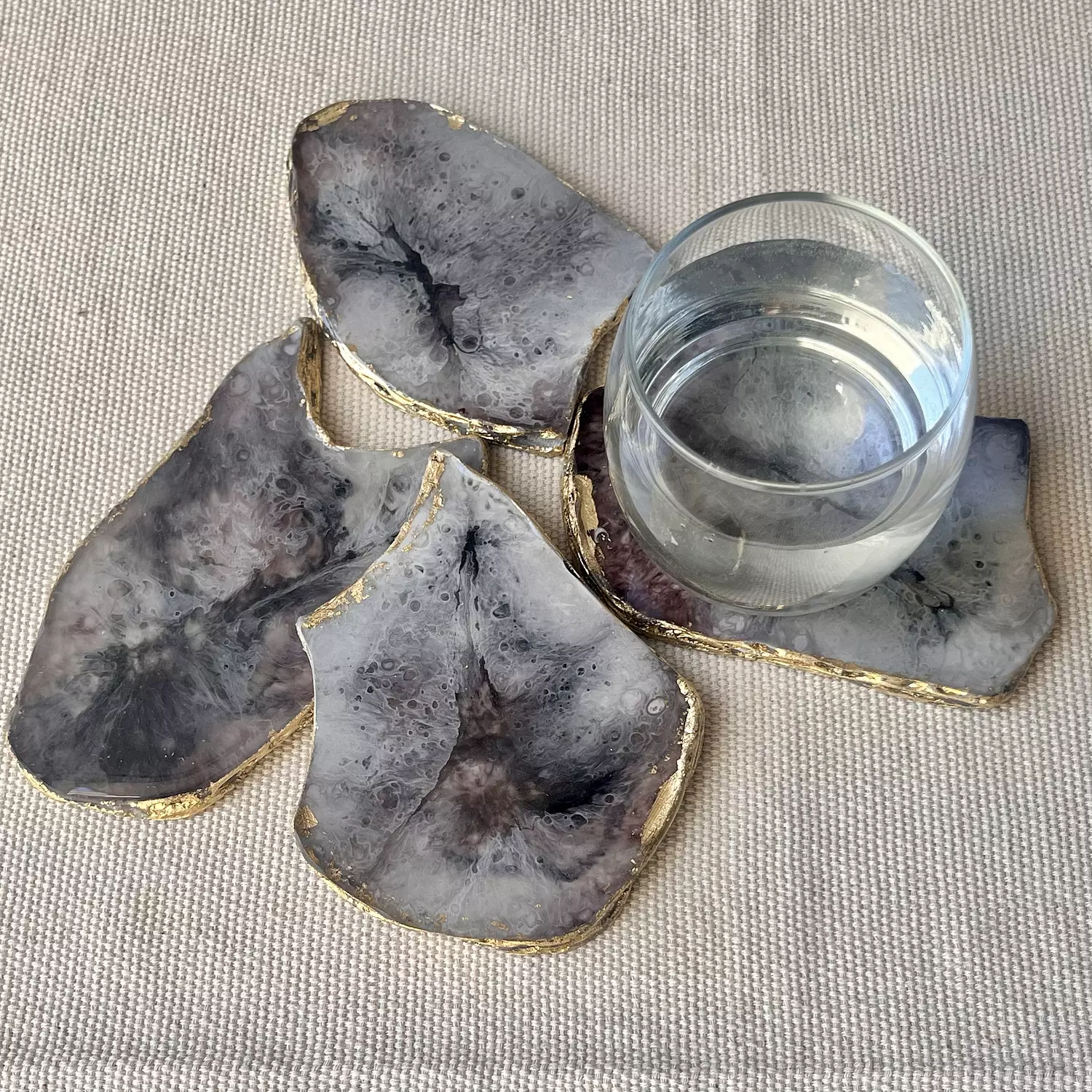 Grey/ Burgandy Agate Coasters With Gold Edges hover image