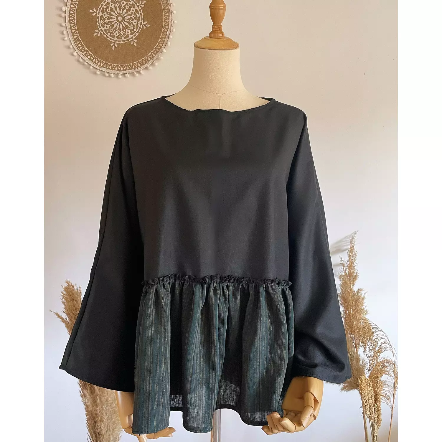 Emerald green black gabardine blouse 0