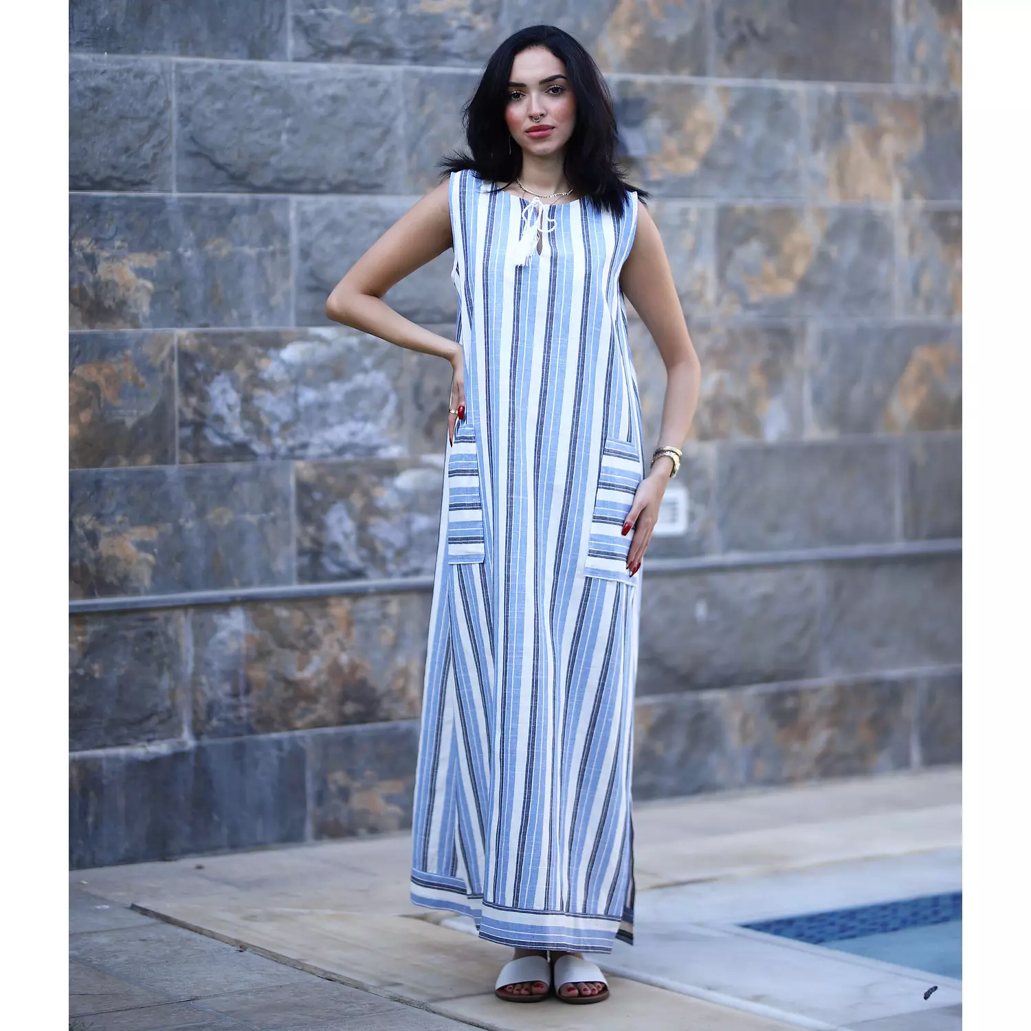 Stripped Linen Dress- Blue hover image