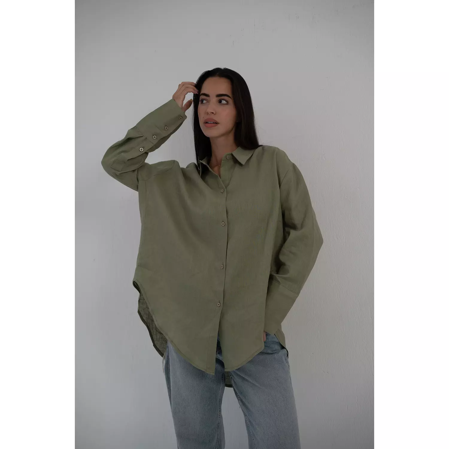 Olive linen shirt hover image