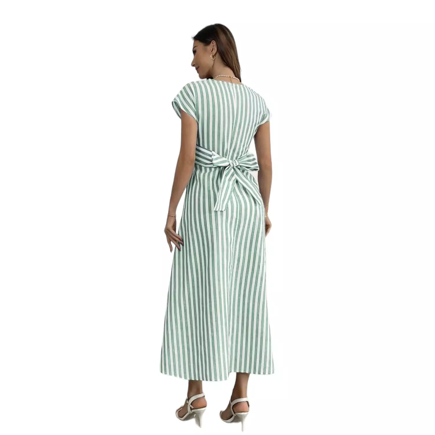 Striped Green & White Long Dress 1