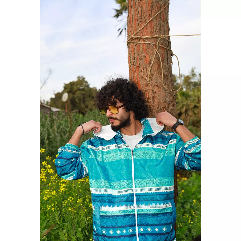 Hooded Blue Tribal Patterned Bomber Jacket