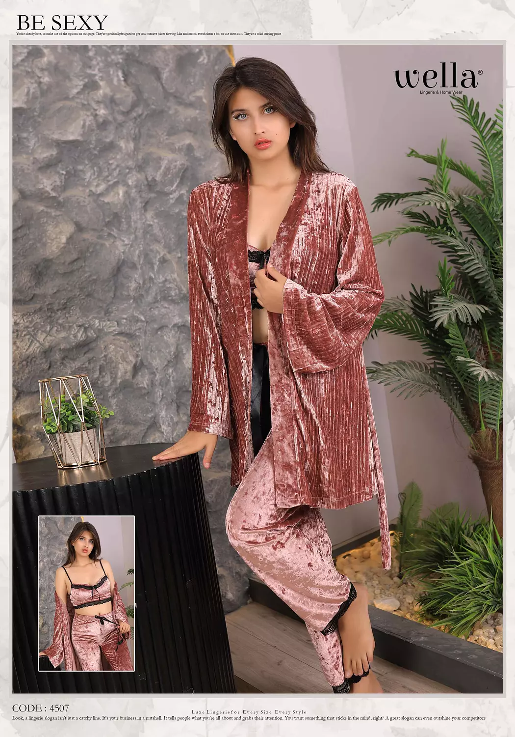 Luxurious 3-piece velvet pajama set in indianred with pants hover image