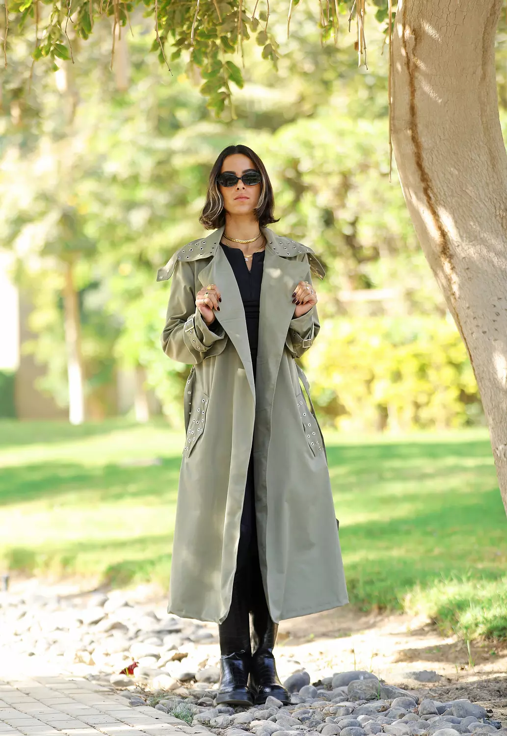 Studded olive trench coat  hover image