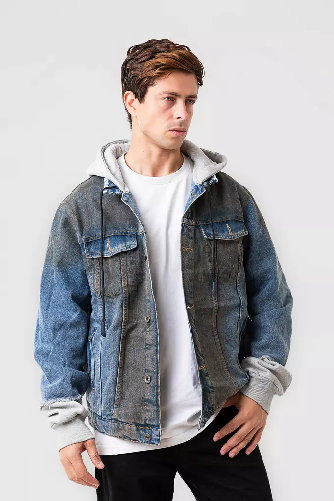 DENIM JACKET WITH JERSEY SLEEVES COVERED WITH A DENIM LAYER