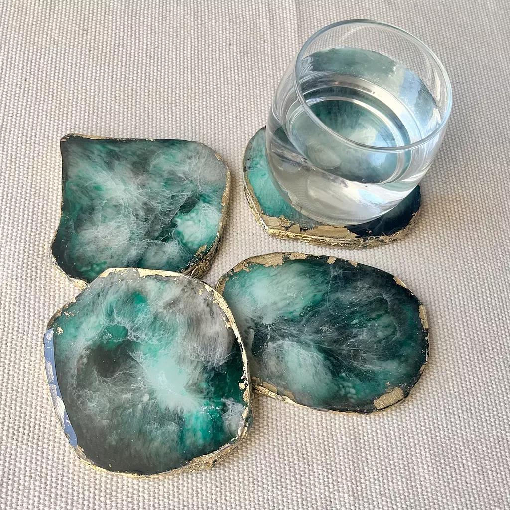 Green/ Brown Agate Coasters With Gold Edges