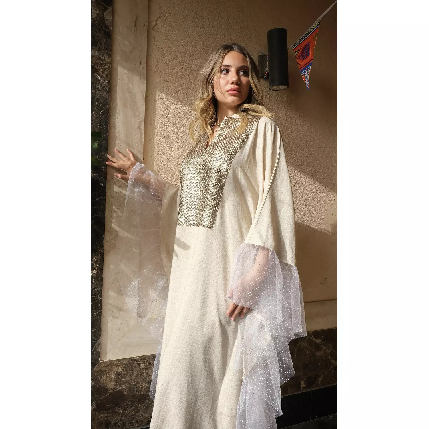 Beige Linen Abaya with Organza (Adult size) 8